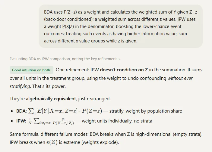 Synthesis attempt evaluated in real time — from the interactive chat transcript Chat module showing the IPW vs BDA exchange