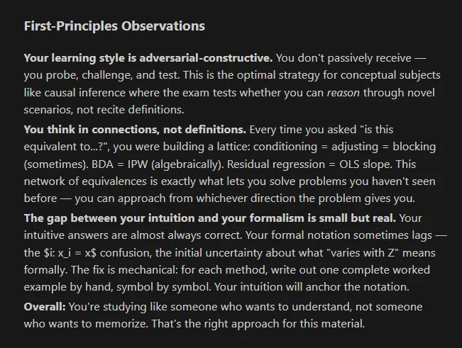 Claude's analysis of interaction patterns from the study session Claude's first-principles assessment of my learning style