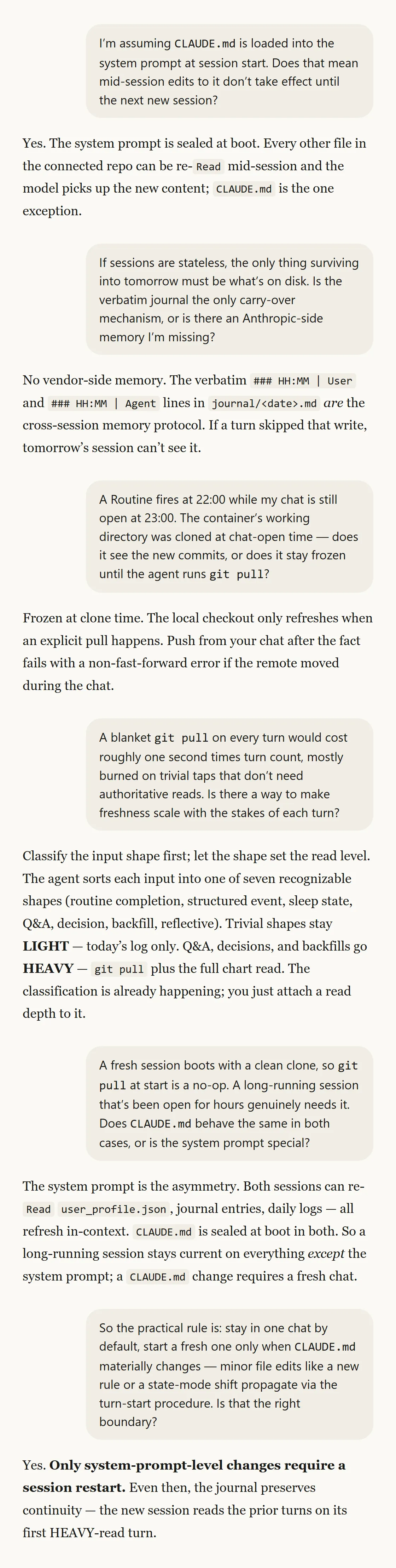 A recreated six-turn conversation between me and Claude, working out how Claude Code's memory model actually behaves.